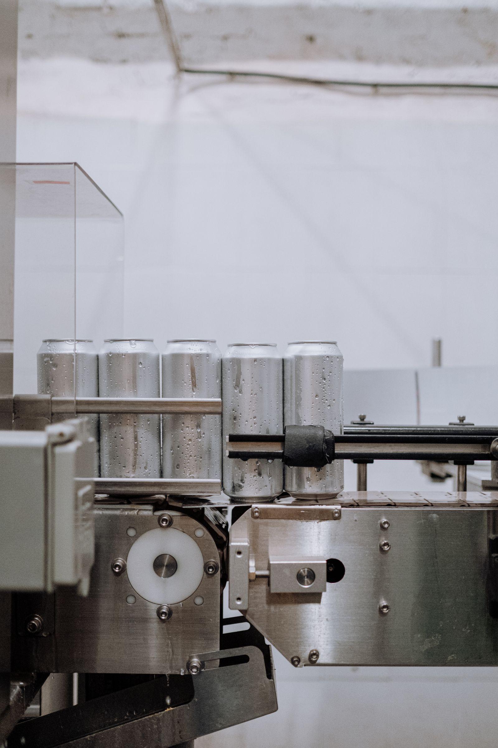 Filled cans moving along a stainless steel production line